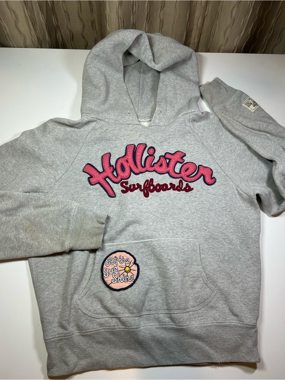 Hollister Girl's L Gray Hoodie Pink Script Surfboards Logo Sun Patch Vintage